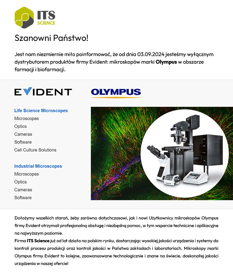 ITS SCIENCE dystrybutorem produktów firmy Evident: mikroskopów marki Olympus w obszarze farmacji i biofarmacji